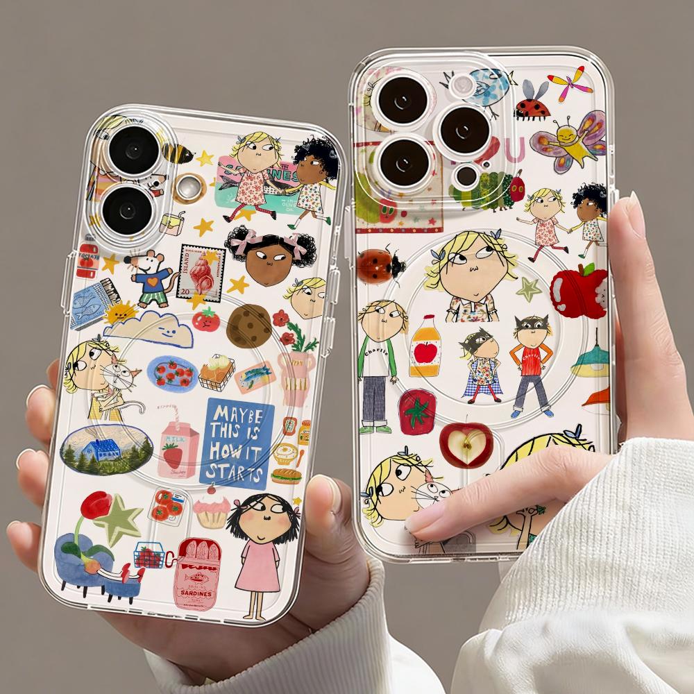 Usb Charger - เคสโทรศัพท์ลายการ์ตูน C-Charlie และ Lola แบบใส แม่เหล็กยึดติด