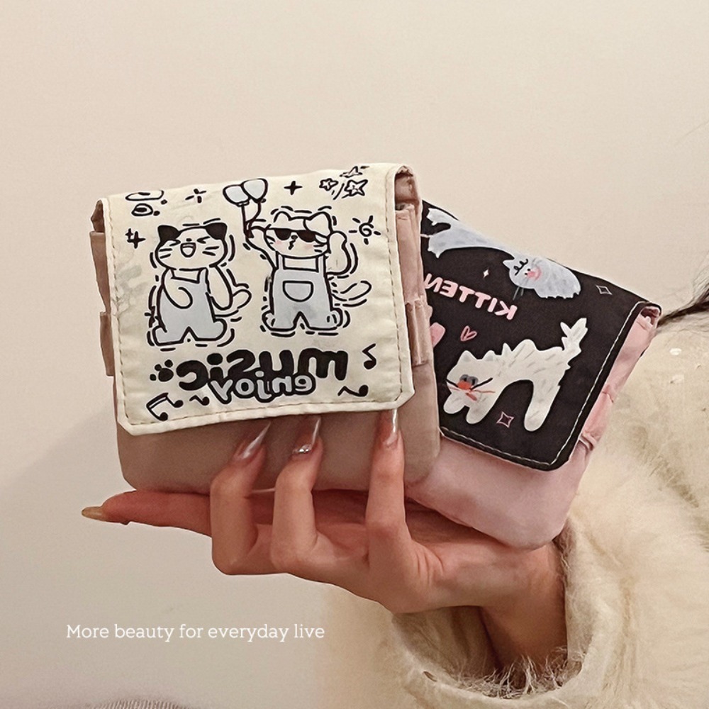 Cable Organizer - กระเป๋าจัดเก็บสายชาร์จใหม่ กระเป๋าใส่ผ้าอนามัย ความจุขนาดใหญ่ ลายการ์ตูนลูกแมว กระเป๋าเครื่องสำอางอเนกประสงค์ กระเป๋าใส่เหรียญ