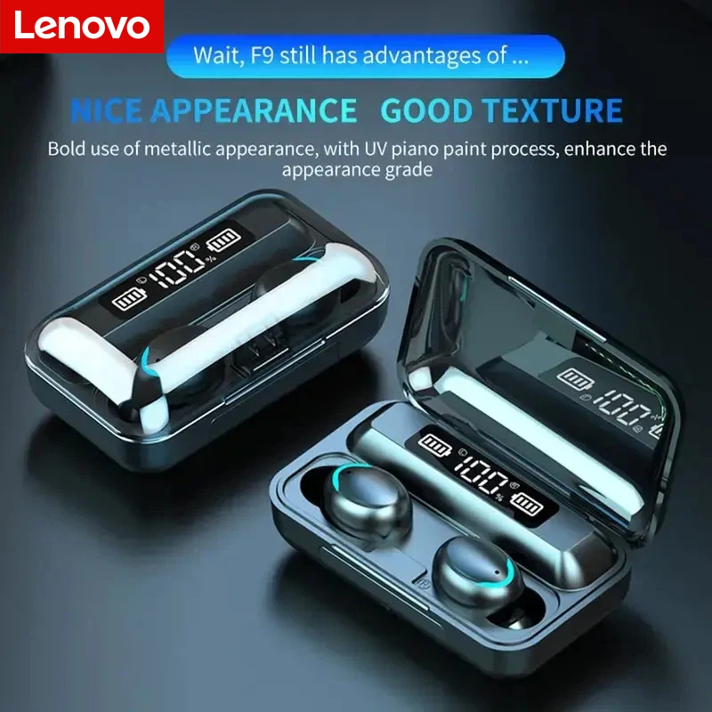 Headphones Wireless - หูฟังไร้สายบลูทูธ Lenovo F9 - กล่องชาร์จความจุสูงและหน้าจอดิจิตอล, หูฟังสำหรับเล่นเกมแบตเตอรี่ใช้งานได้ยาวนาน