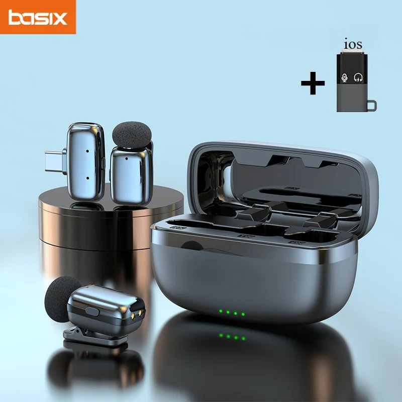 Wireless Charger - ชุดไมโครโฟนไร้สายแบบหนีบเสื้อพร้อมกล่องชาร์จ ไมค์ขนาดเล็กสำหรับบันทึกวิดีโอ โทรศัพท์แอนดรอยด์ ถ่ายทอดสด