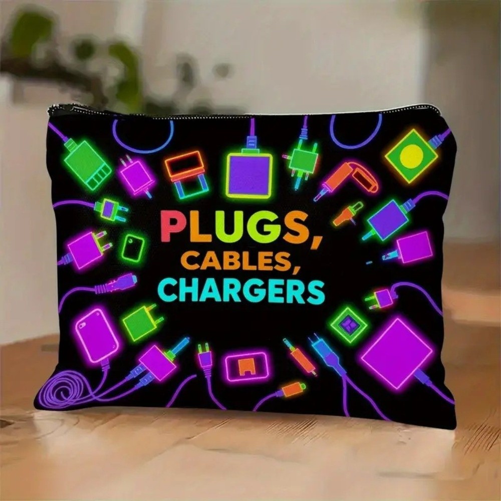 Cable Organizer - กระเป๋าเก็บสายชาร์จผ้าแคนวาสลายพิมพ์ใหม่ ความจุขนาดใหญ่ กระเป๋าจัดระเบียบสายเคเบิล ปิดด้วยซิป กระเป๋าจัดระเบียบเครื่องสำอาง สำหรับเดินทาง